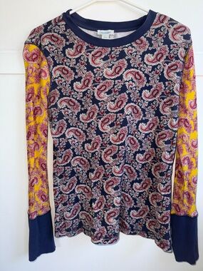 Sundance Thermal Long Sleeve Waffle Top Pure Paisley Velvet & Button Trim Large
